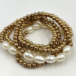 Vintage Retro Gold Bead & Faux Pearl Stretch Bracelet Stack Set 6pc Mixed Lot